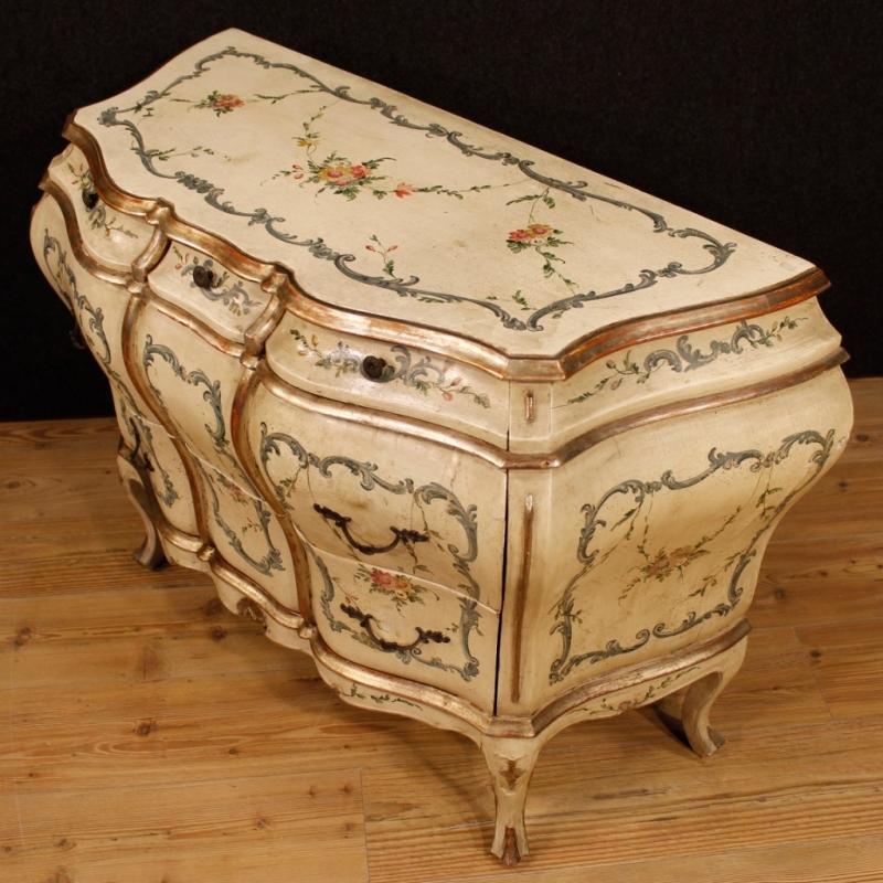 Venetian Dresser In Lacquered, Silvered And Painted Wood With Floral Decorations