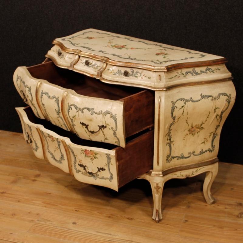Venetian Dresser In Lacquered, Silvered And Painted Wood With Floral Decorations