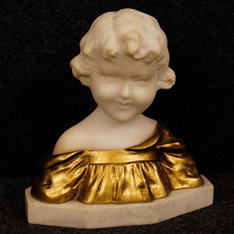 Belgian Child Bust Sculpture In Marble And Gilt Bronze Signed G. Van Vaerenbergh from 20th Century