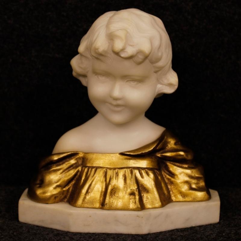 Belgian Child Bust Sculpture In Marble And Gilt Bronze Signed G. Van Vaerenbergh from 20th Century