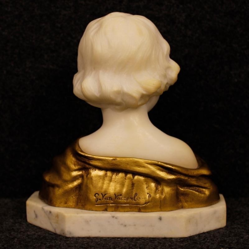 Belgian Child Bust Sculpture In Marble And Gilt Bronze Signed G. Van Vaerenbergh from 20th Century