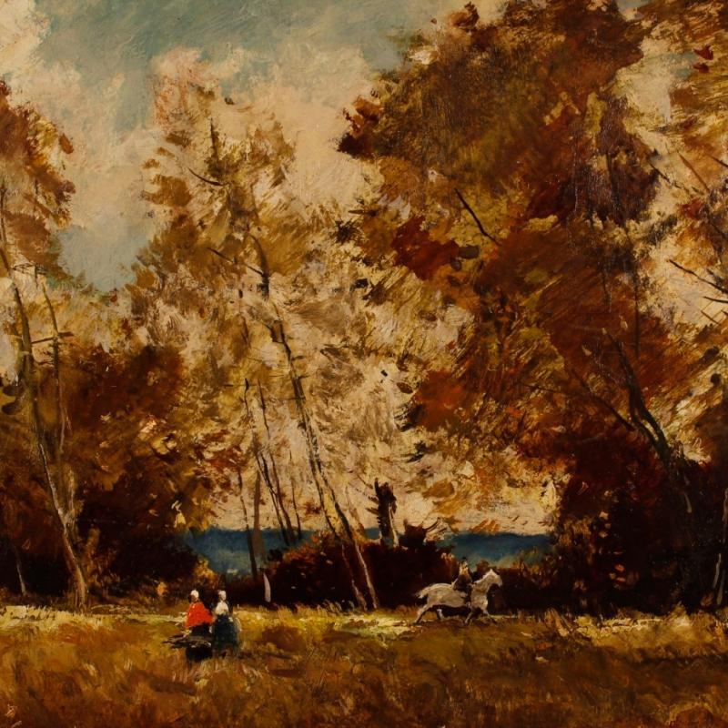 French Signed Painting Oil On Board Landscape With Characters From 20th Century