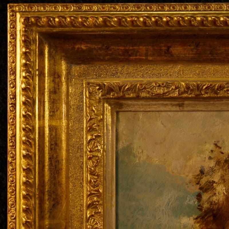 French Signed Painting Oil On Board Landscape With Characters From 20th Century