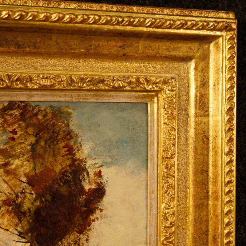 French Signed Painting Oil On Board Landscape With Characters From 20th Century