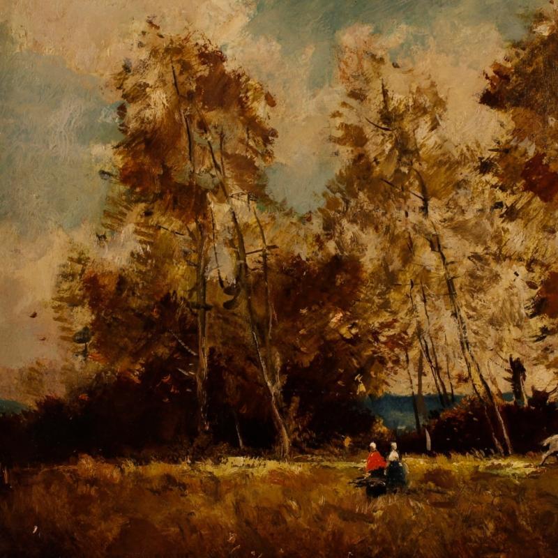 French Signed Painting Oil On Board Landscape With Characters From 20th Century