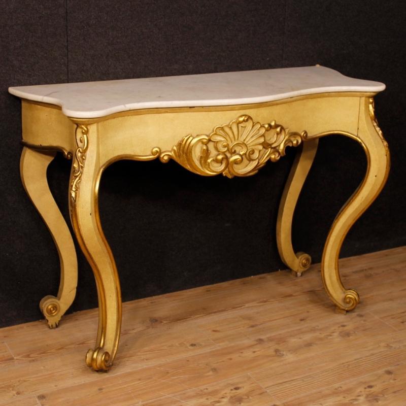 Italian Console Table In Lacquered And Gilt Wood With Marble Top From 20th Century