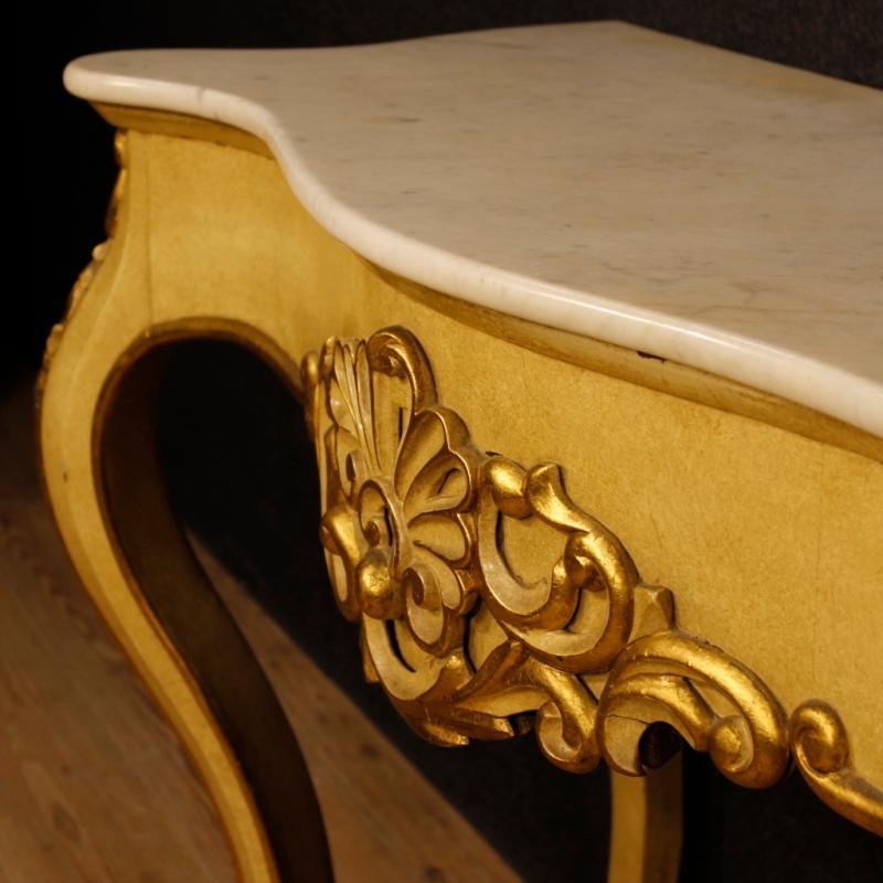 Italian Console Table In Lacquered And Gilt Wood With Marble Top From 20th Century