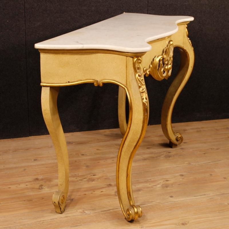 Italian Console Table In Lacquered And Gilt Wood With Marble Top From 20th Century