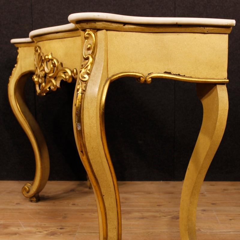 Italian Console Table In Lacquered And Gilt Wood With Marble Top From 20th Century