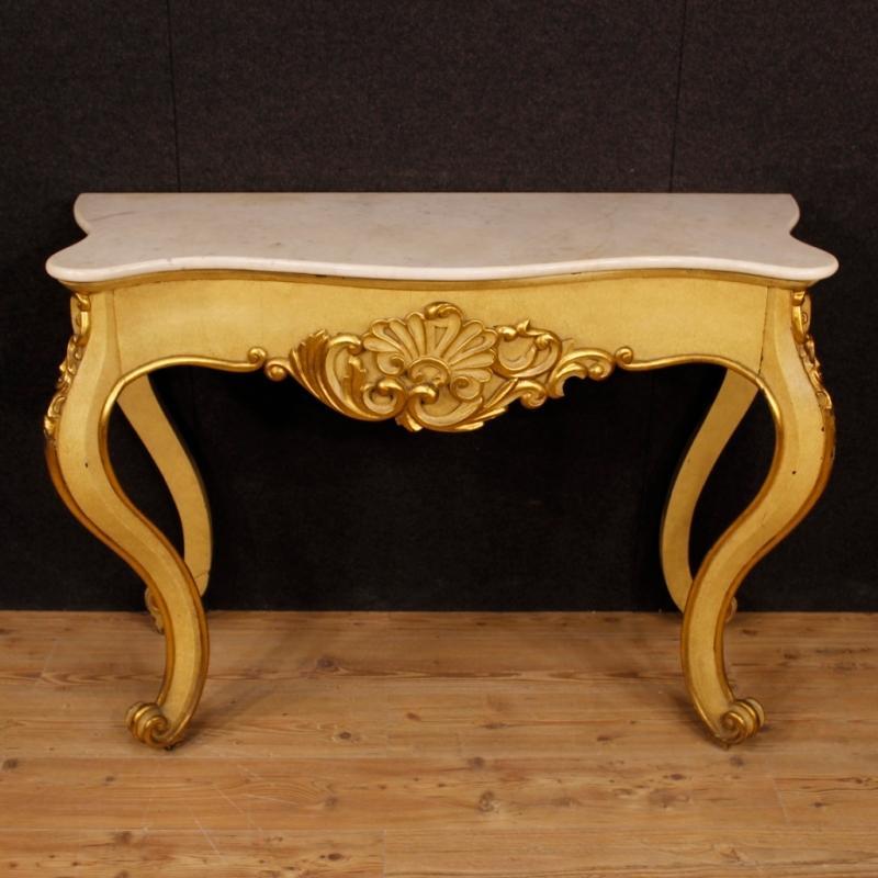 Italian Console Table In Lacquered And Gilt Wood With Marble Top From 20th Century