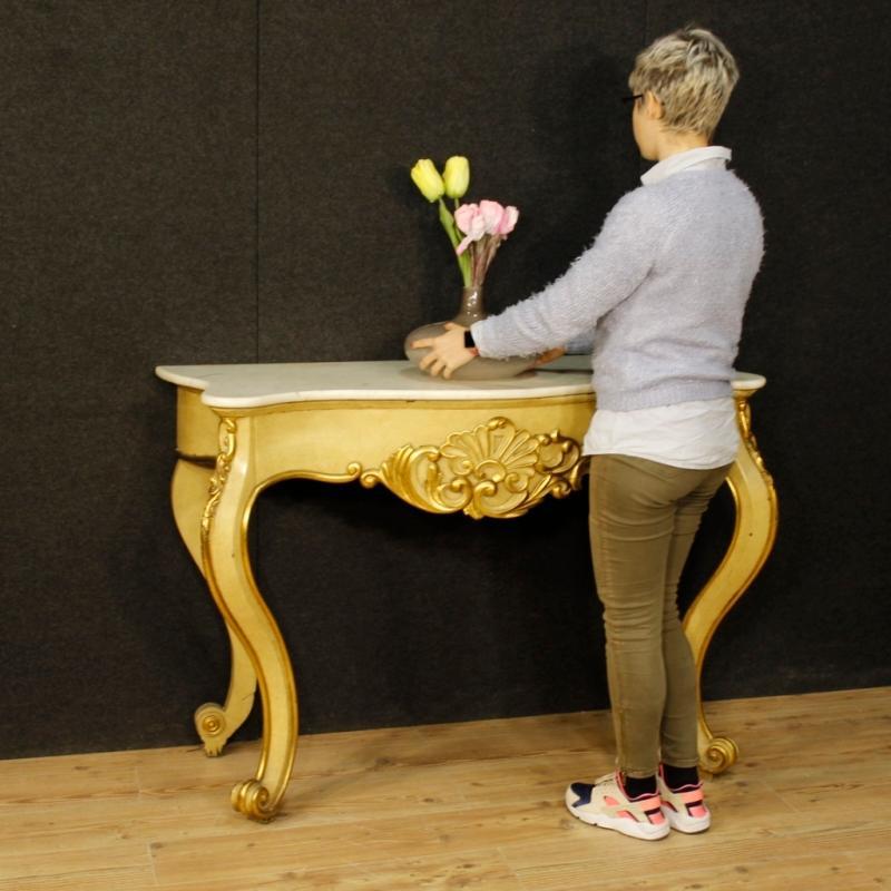 Italian Console Table In Lacquered And Gilt Wood With Marble Top From 20th Century