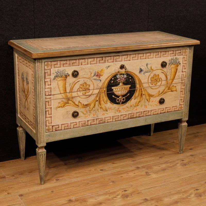 Italian Lacquered And Painted Dresser In Wood With 2 Drawers In Louis XVI Style 20th Century