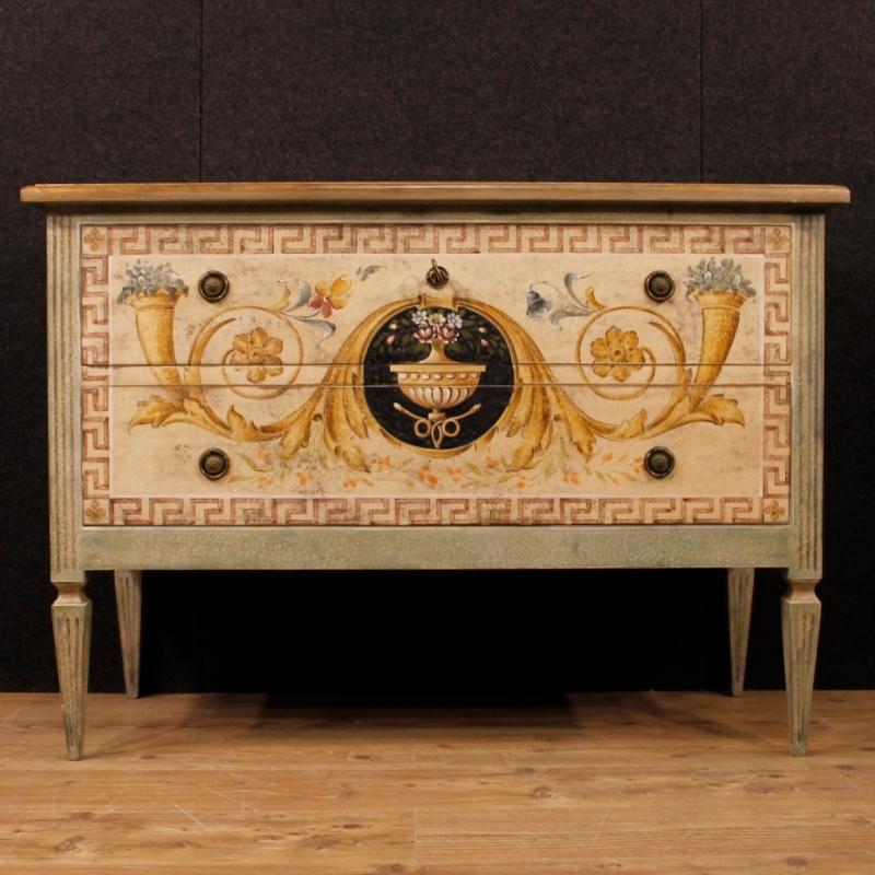 Italian Lacquered And Painted Dresser In Wood With 2 Drawers In Louis XVI Style 20th Century