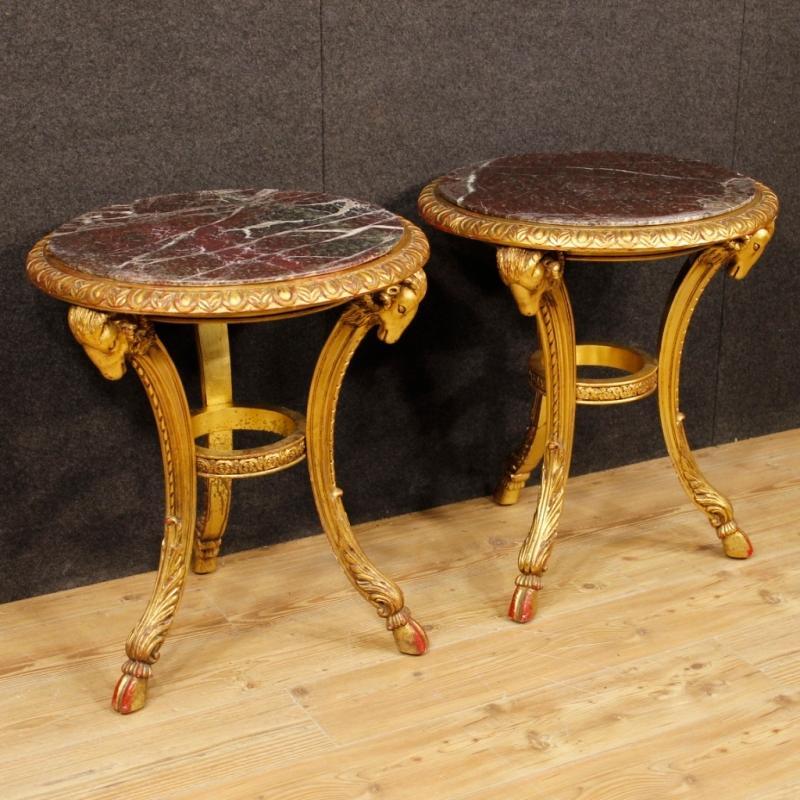Pair Of French Side Tables In Gilt Wood With Marble Top From 20th Century