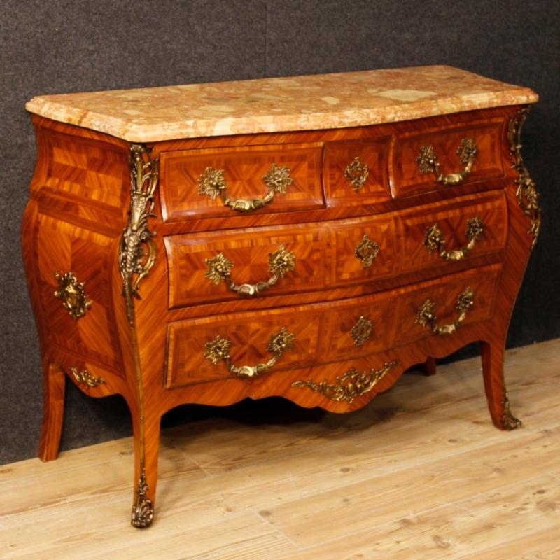 French Chest Of Drawers In Rosewood With Marble Top With Gilt Bronzes From 20th Century