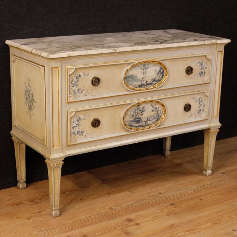 Italian Dresser In Lacquered, Painted And Gilt Wood With Marble Top In Louis XVI Style From 20th Century