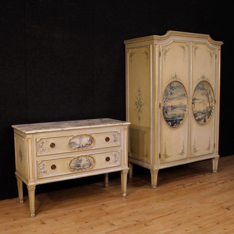 Italian Dresser In Lacquered, Painted And Gilt Wood With Marble Top In Louis XVI Style From 20th Century