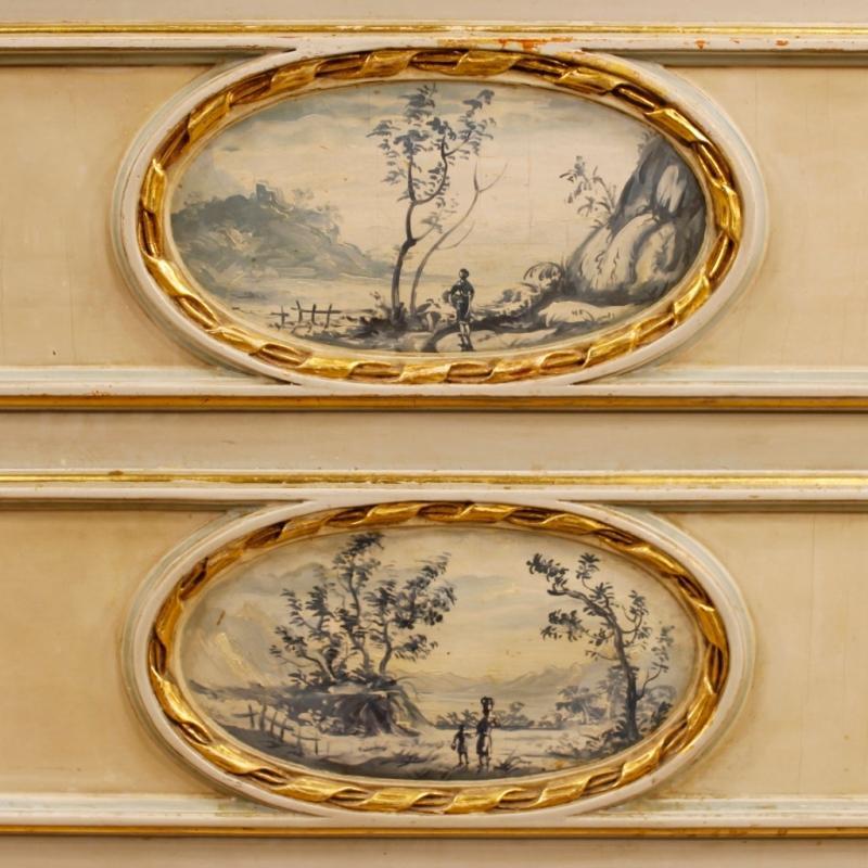 Italian Dresser In Lacquered, Painted And Gilt Wood With Marble Top In Louis XVI Style From 20th Century