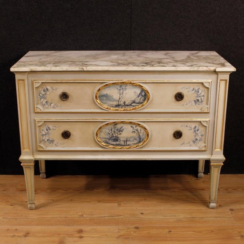 Italian Dresser In Lacquered, Painted And Gilt Wood With Marble Top In Louis XVI Style From 20th Century