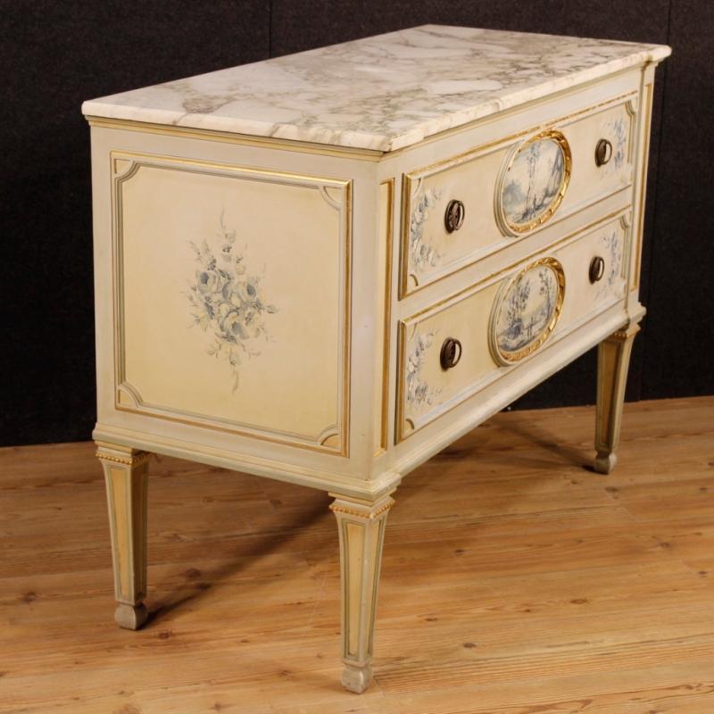 Italian Dresser In Lacquered, Painted And Gilt Wood With Marble Top In Louis XVI Style From 20th Century