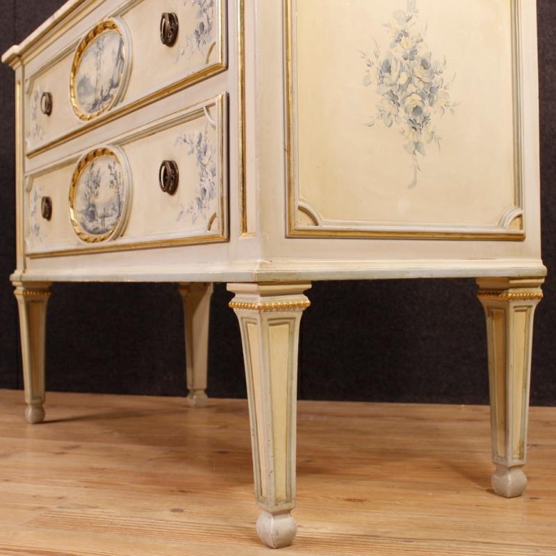 Italian Dresser In Lacquered, Painted And Gilt Wood With Marble Top In Louis XVI Style From 20th Century