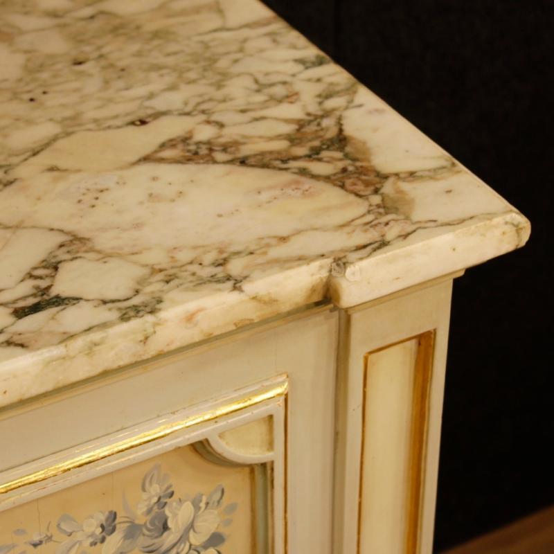 Italian Dresser In Lacquered, Painted And Gilt Wood With Marble Top In Louis XVI Style From 20th Century