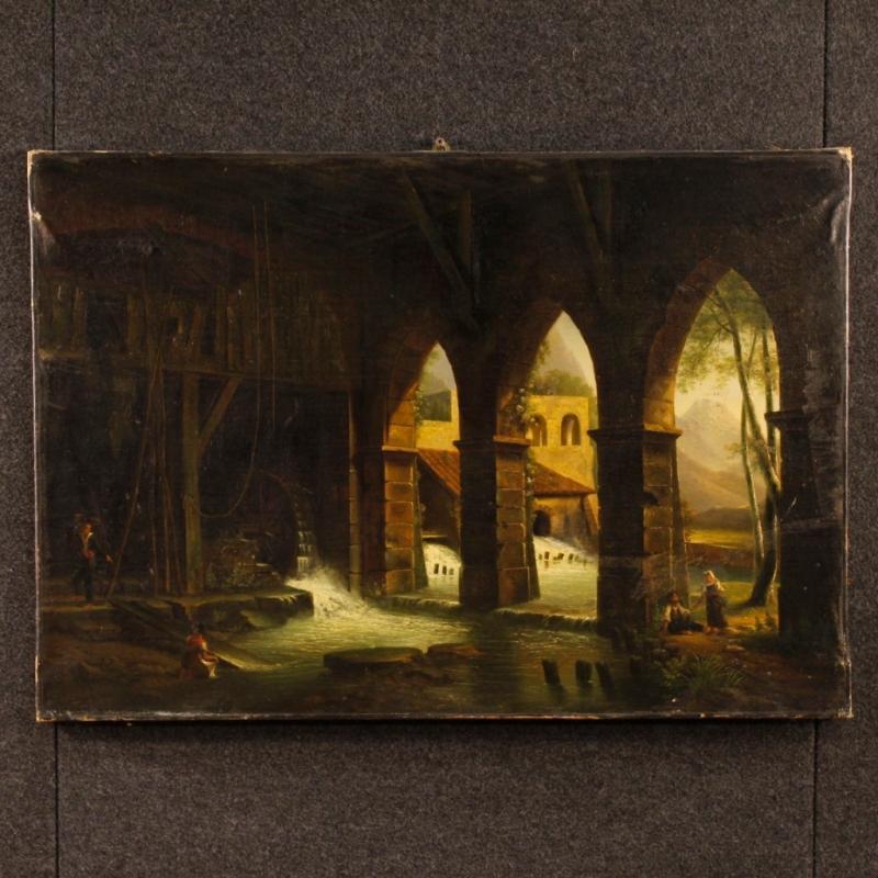 French Painting Oil On Canvas Landscape With Watermill And Characters From 19th Century