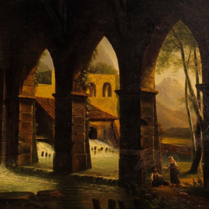French Painting Oil On Canvas Landscape With Watermill And Characters From 19th Century
