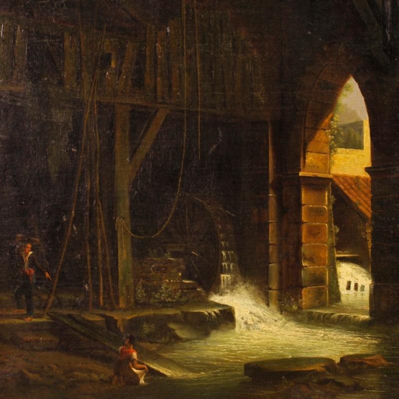 French Painting Oil On Canvas Landscape With Watermill And Characters From 19th Century