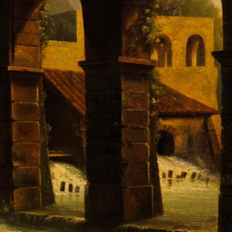 French Painting Oil On Canvas Landscape With Watermill And Characters From 19th Century