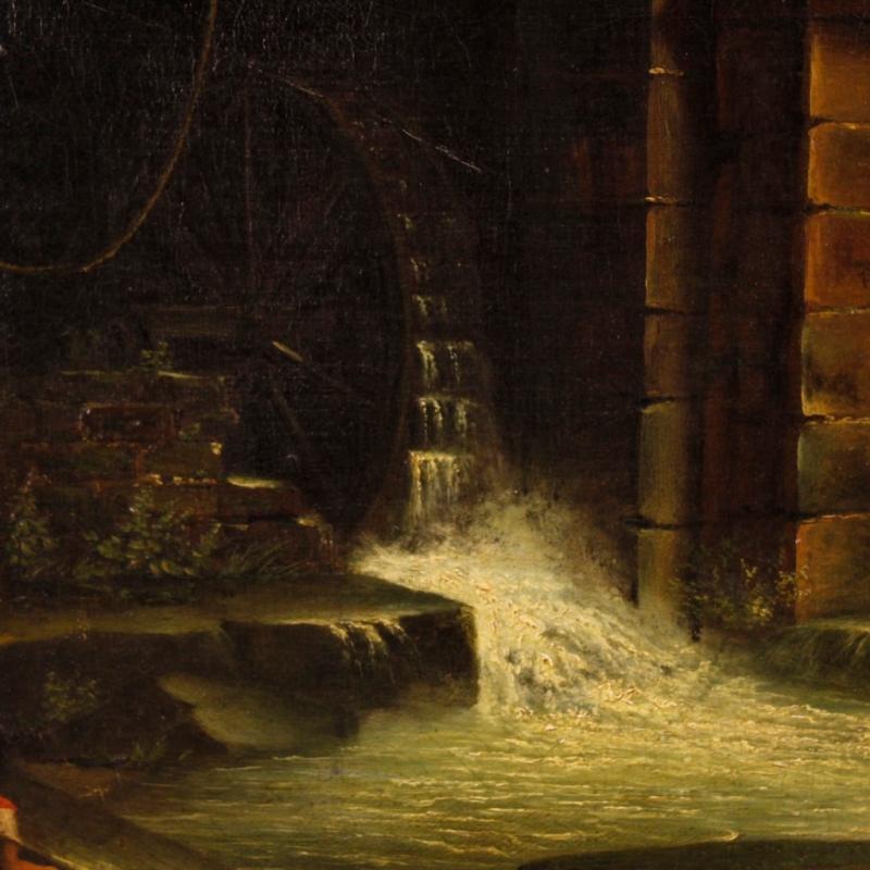 French Painting Oil On Canvas Landscape With Watermill And Characters From 19th Century