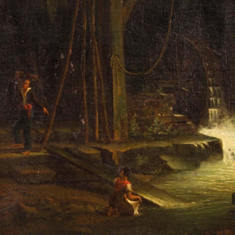 French Painting Oil On Canvas Landscape With Watermill And Characters From 19th Century