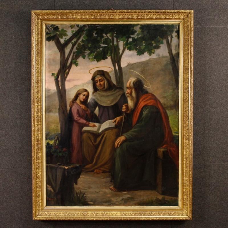 Italian Religious Painting Holy Family Oil On Canvas Signed And Dated P. Arri 1898