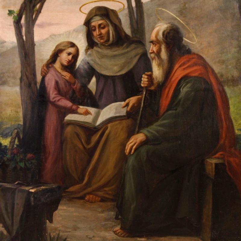 Italian Religious Painting Holy Family Oil On Canvas Signed And Dated P. Arri 1898
