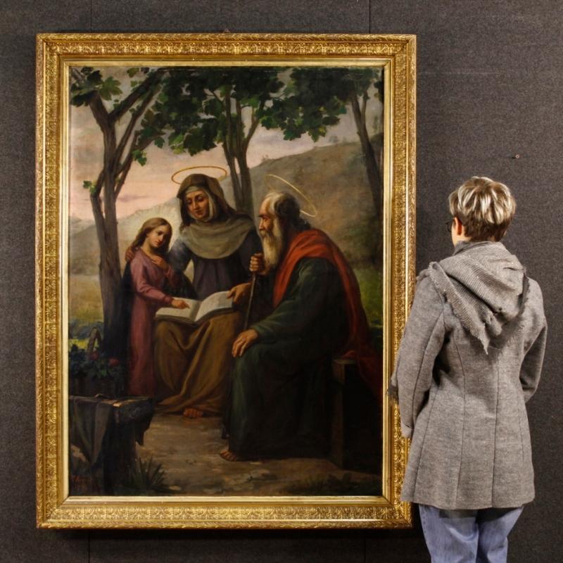 Italian Religious Painting Holy Family Oil On Canvas Signed And Dated P. Arri 1898
