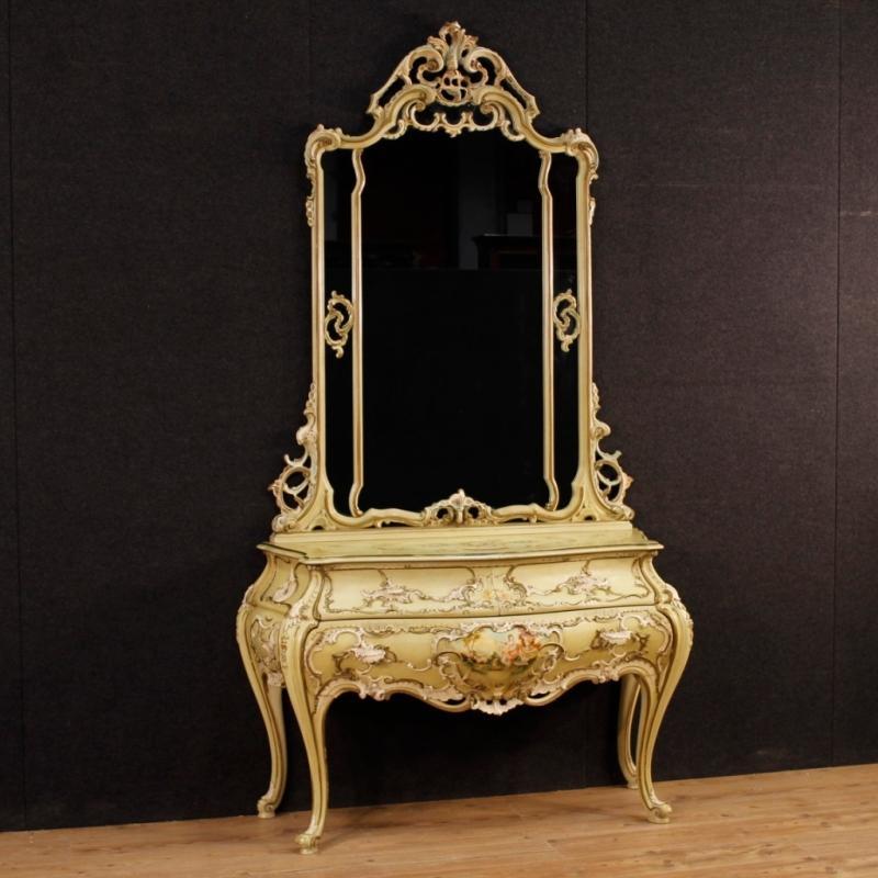Venetian Dresser With Mirror In Lacquered And Painted Wood From 20th Century