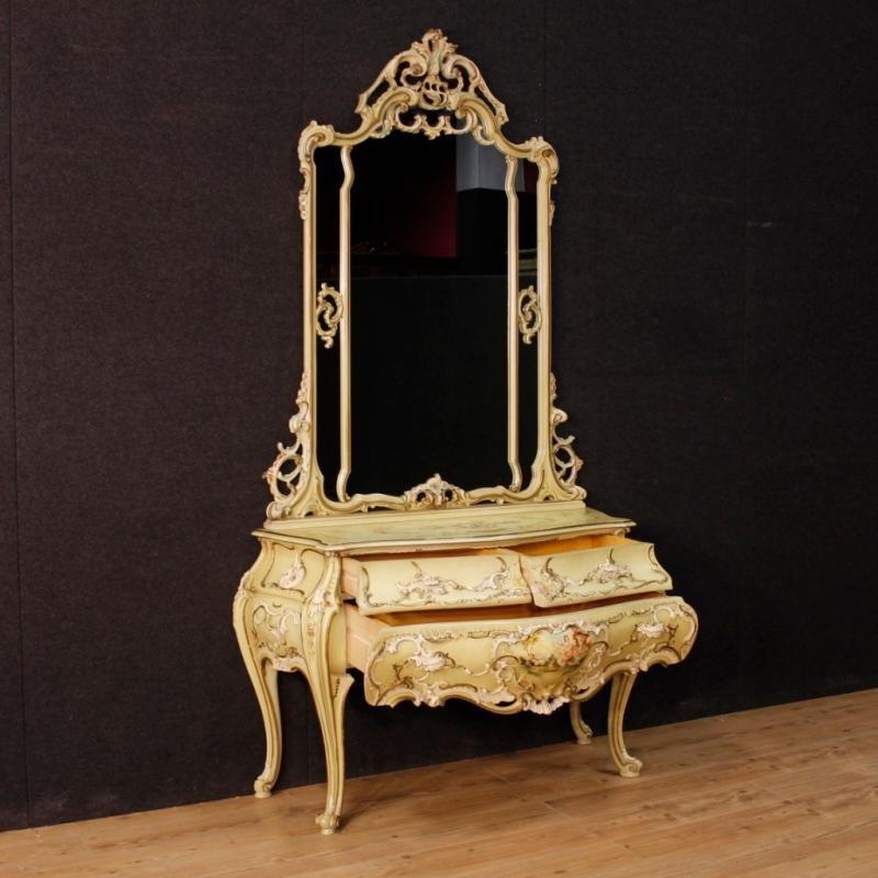 Venetian Dresser With Mirror In Lacquered And Painted Wood From 20th Century