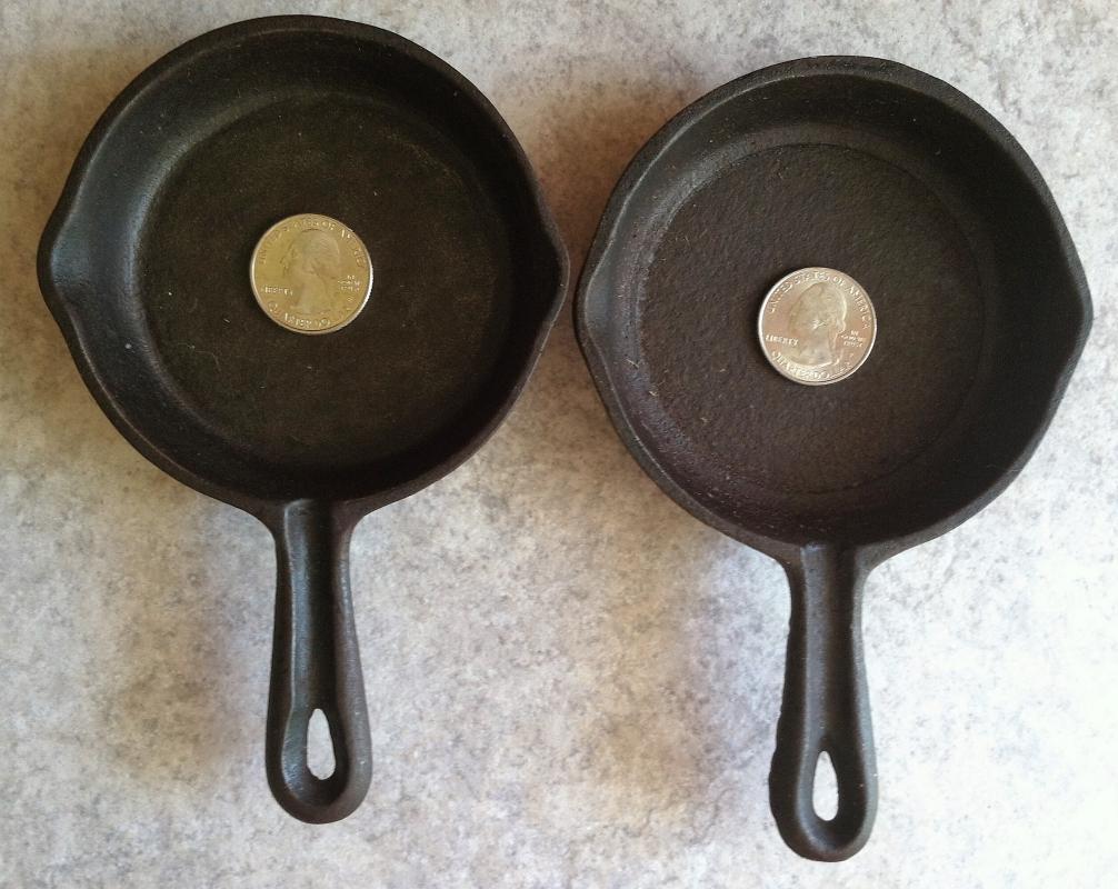 2 Vintage Miniature Cast Iron Fry Pan Ashtrays ~