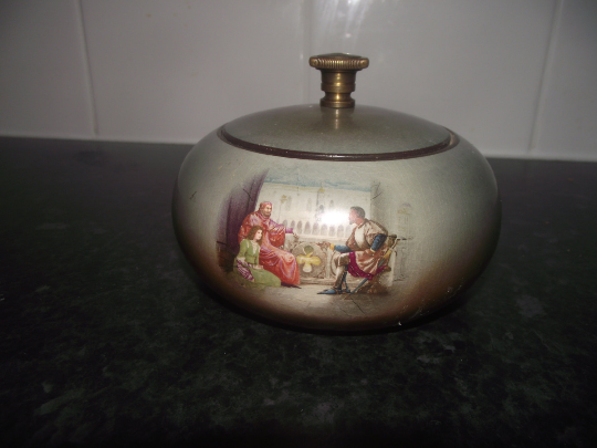 A.O.C. Globe brand shakespeare pattern tobacco jar / humidor with patent hermetic lid