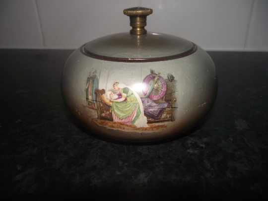 A.O.C. Globe brand shakespeare pattern tobacco jar / humidor with patent hermetic lid