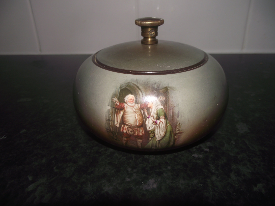A.O.C. Globe brand shakespeare pattern tobacco jar / humidor with patent hermetic lid