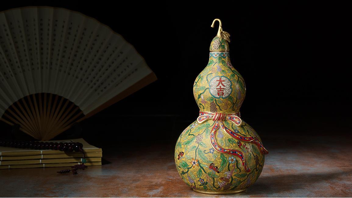 Chinese Gold enamel gourd Full AAA brass Pure china hand painted calabash Buddhism cucurbit