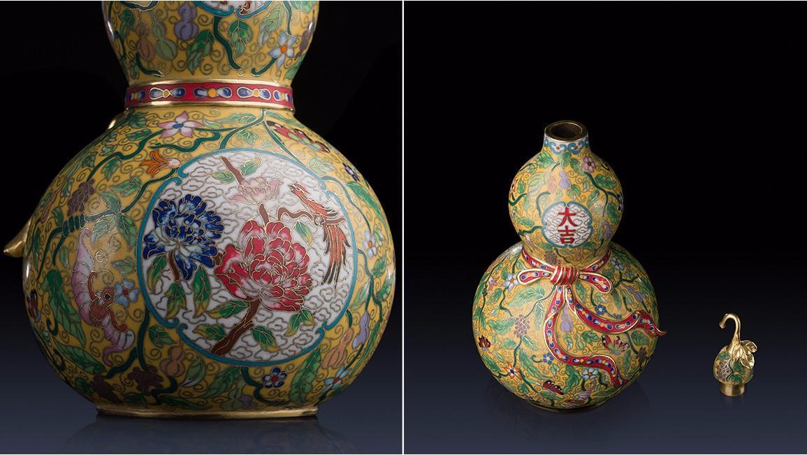 Chinese Gold enamel gourd Full AAA brass Pure china hand painted calabash Buddhism cucurbit