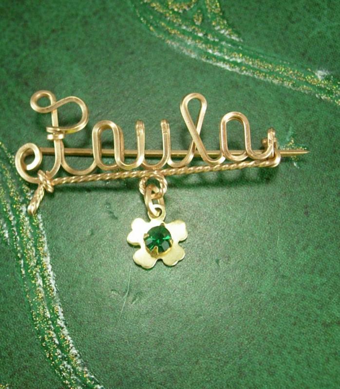 Vintage PAULA Sweetheart Brooch WWII Gold Fill Mothers Day Iris shamrock faux emerald stone Birthday personalized jewelry
