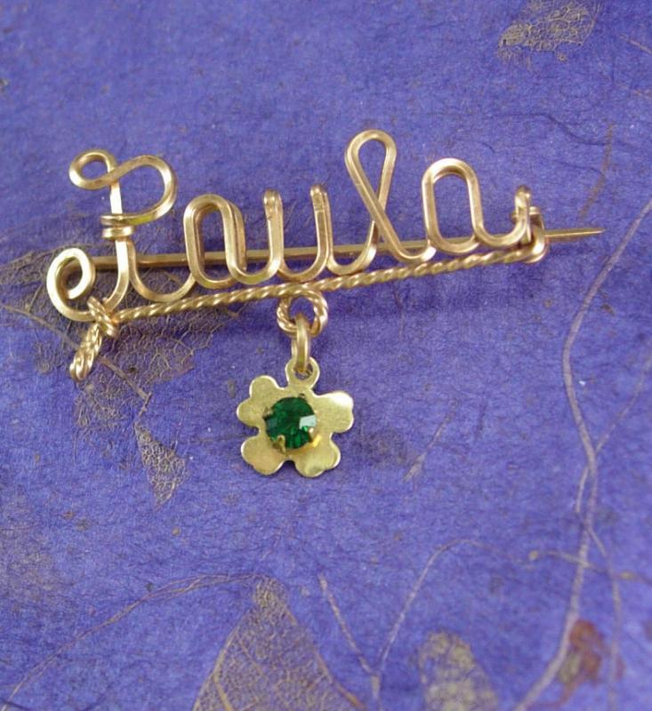 Vintage PAULA Sweetheart Brooch WWII Gold Fill Mothers Day Iris shamrock faux emerald stone Birthday personalized jewelry