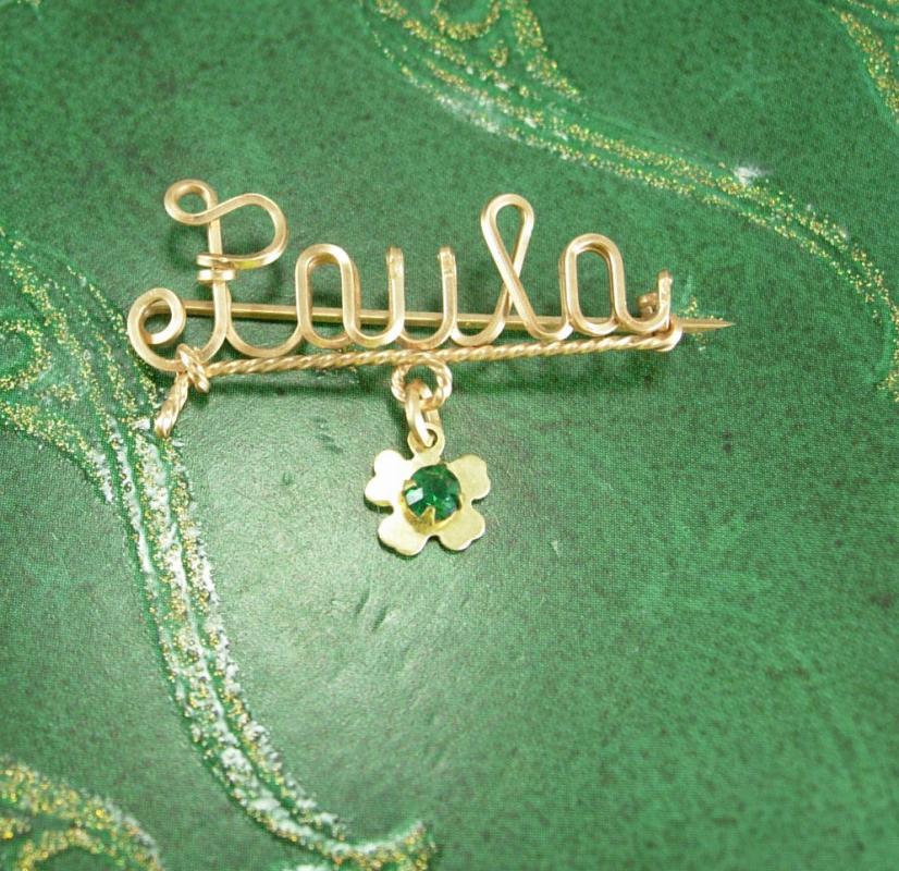 Vintage PAULA Sweetheart Brooch WWII Gold Fill Mothers Day Iris shamrock faux emerald stone Birthday personalized jewelry