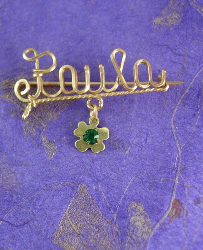 Vintage PAULA Sweetheart Brooch WWII Gold Fill Mothers Day Iris shamrock faux emerald stone Birthday personalized jewelry