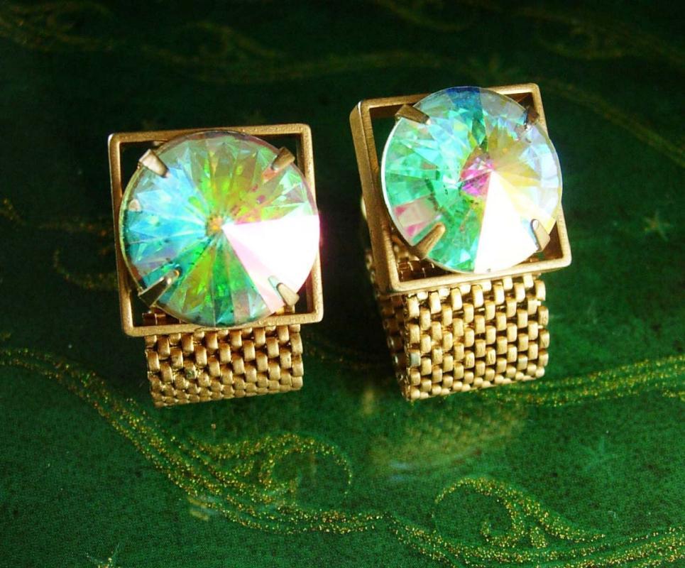 Swank Swarovski Cufflinks crystal rivoli Set Vintage Wrap gold Mesh Crystal Prisms Pink Green Heliotrope vitrail cuff links