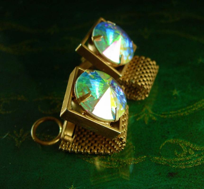 Swank Swarovski Cufflinks crystal rivoli Set Vintage Wrap gold Mesh Crystal Prisms Pink Green Heliotrope vitrail cuff links
