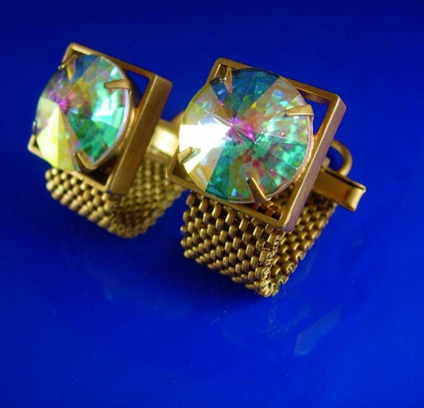 Swank Swarovski Cufflinks crystal rivoli Set Vintage Wrap gold Mesh Crystal Prisms Pink Green Heliotrope vitrail cuff links